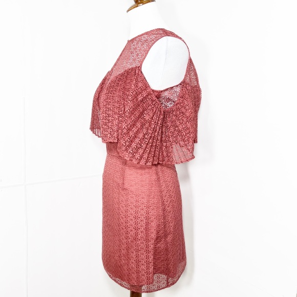 Keepsake Rose Pink Lace Sweetheart Plunge Ruffle Cold Shoulder Mini Pencil Dress - Picture 5 of 16